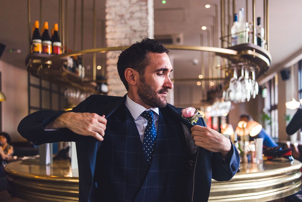 Groom Suit Navy Jacket Check Waistcoat Grey Trousers Trinity Buoy Wharf Wedding Babb Photo
