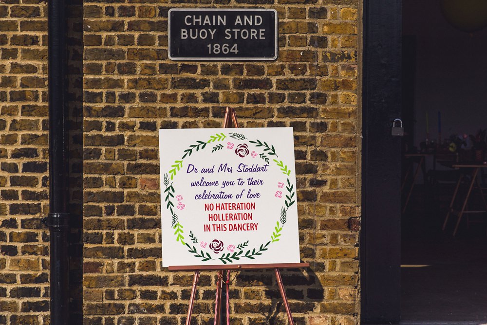 Welcome Sign Illutrated Wreath Floral Trinity Buoy Wharf Wedding Babb Photo