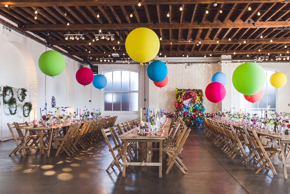 Colourful Multicolour Rainbow Helium Giant Balloons Festoon Lights Trinity Buoy Wharf Wedding Babb Photo