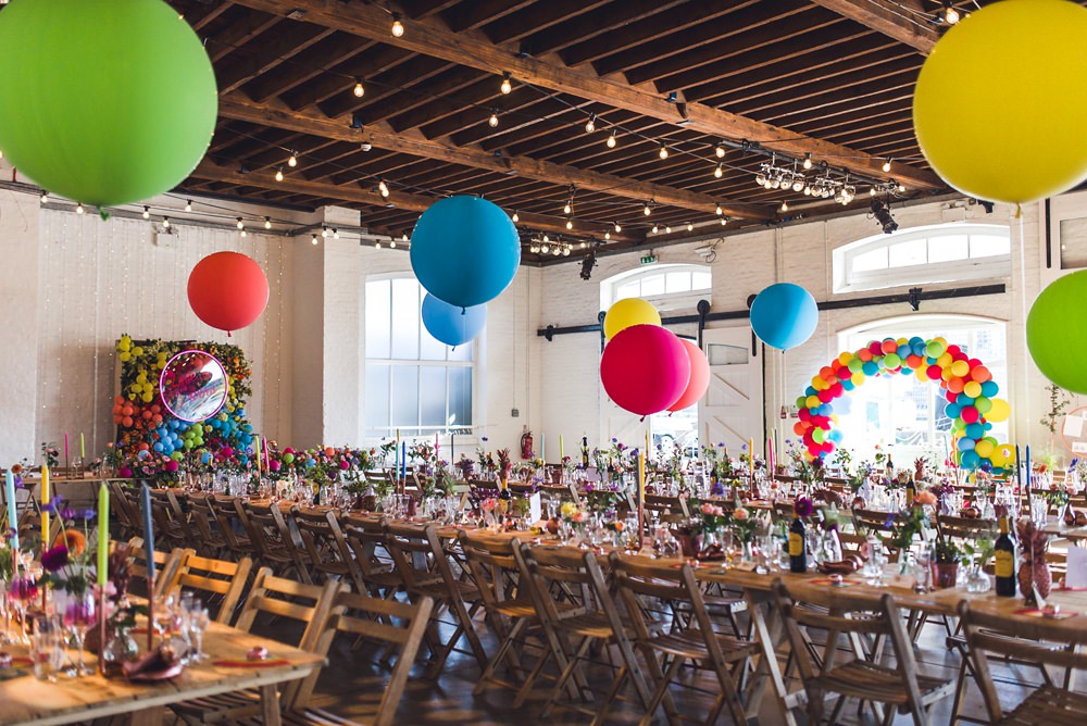 Colourful Multicolour Rainbow Helium Giant Balloons Festoon Lights Trinity Buoy Wharf Wedding Babb Photo