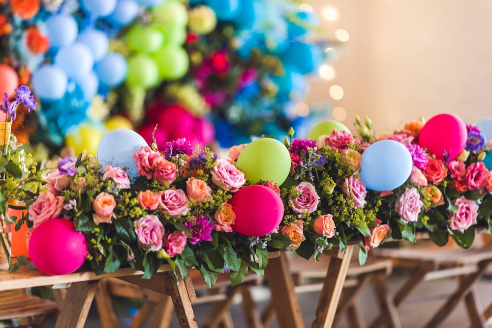 Top Table Flowers Multicoloured Rainbow Colourful Decor Decoration Trinity Buoy Wharf Wedding Babb Photo