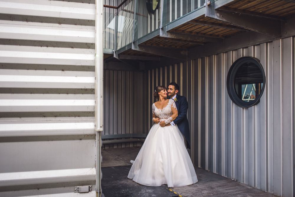 Dress Gown Bride Bridal Paloma Blanca Long Sleeves Lace Trinity Buoy Wharf Wedding Babb Photo