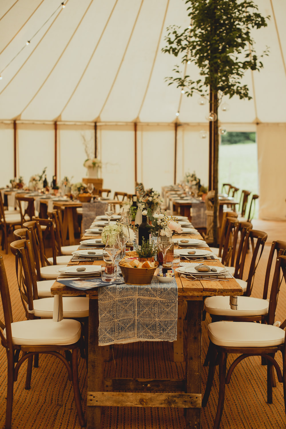 Sperry Tent Wooden Cross Back Chair Greenery Foliage Printed Table Runner Weekend Long Wedding Georgia Rachael Photography