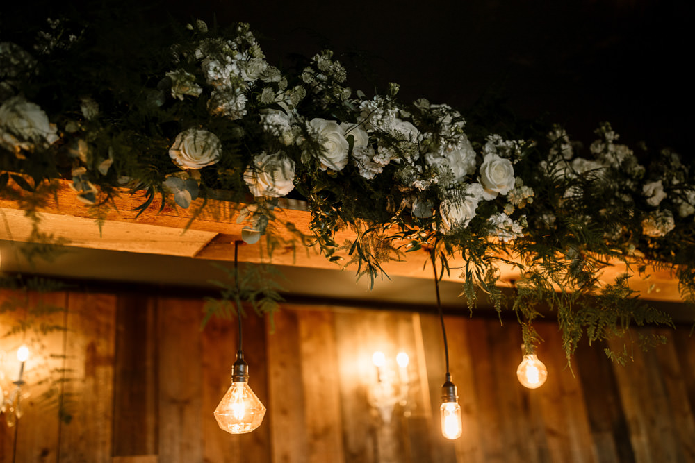 Edison Lighting Light Bulbs Flowers Greenery Foliage Decor Tables Wharfedale Grange Wedding Hayley Baxter Photography