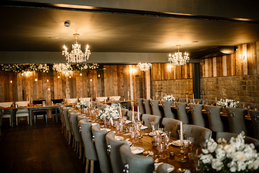 Chandeliers Reception Room Decor Decoration Long Tables Wharfedale Grange Wedding Hayley Baxter Photography