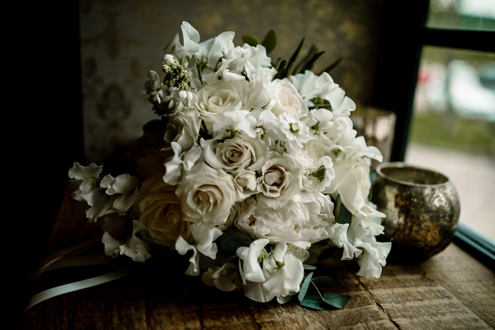 Bouquet Flowers Bride Bridal White Cream Rose Peonies Hydreangeas Wharfedale Grange Wedding Hayley Baxter Photography