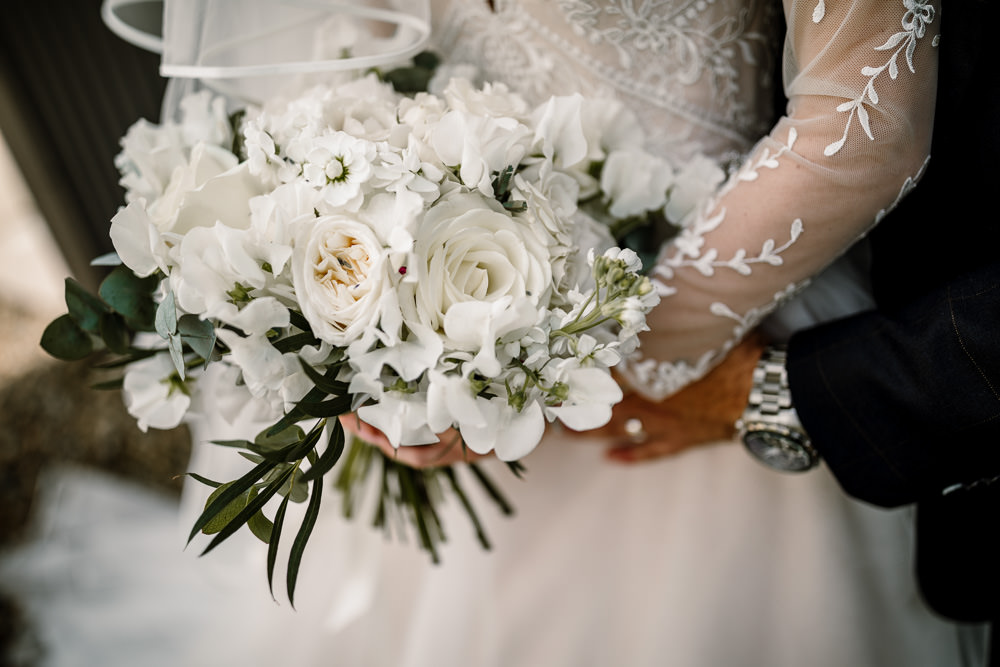 Bouquet Flowers Bride Bridal White Cream Rose Peonies Hydreangeas Wharfedale Grange Wedding Hayley Baxter Photography