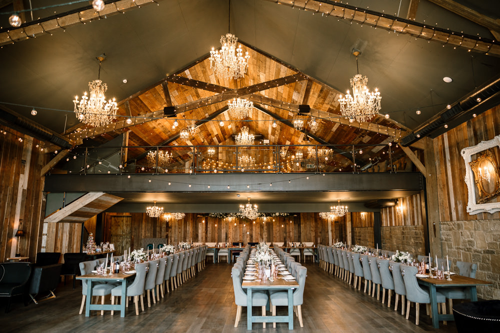 Chandeliers Reception Room Decor Decoration Long Tables Wharfedale Grange Wedding Hayley Baxter Photography
