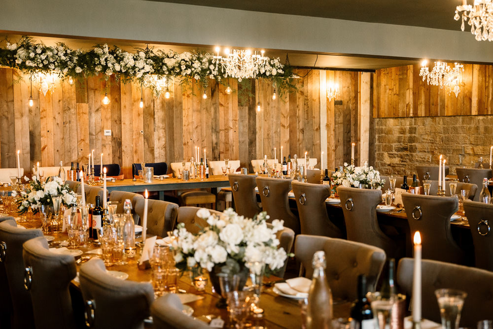 Chandeliers Reception Room Decor Decoration Long Tables Flowers Wharfedale Grange Wedding Hayley Baxter Photography