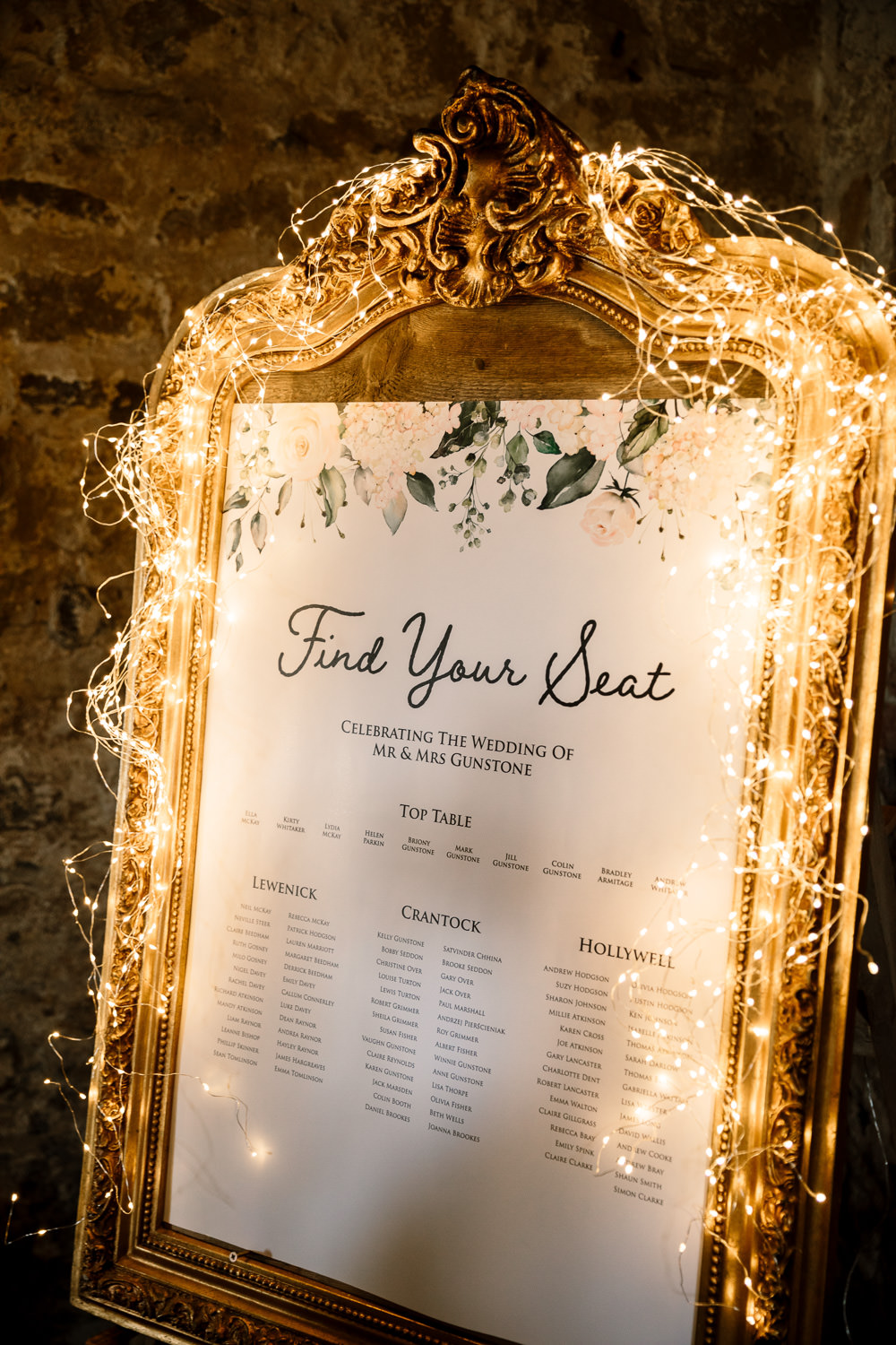 Seating Plan Table Chart Gold Frame Fairy Lights Wharfedale Grange Wedding Hayley Baxter Photography