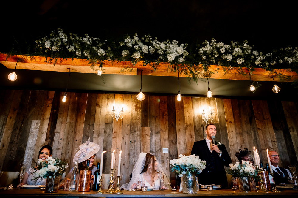 Edison Lighting Light Bulbs Flowers Greenery Foliage Decor Tables Wharfedale Grange Wedding Hayley Baxter Photography