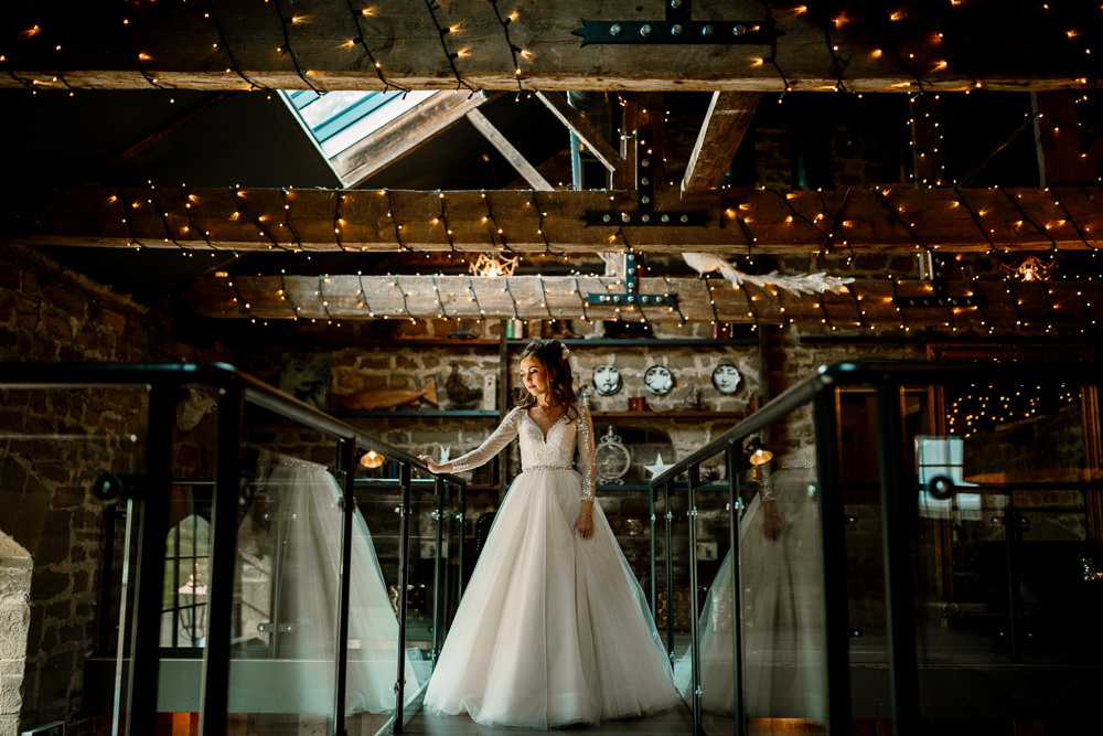 Dress Gown Bride Bridal Lace Buttons Sheer Tulle Skirt Princess Wharfedale Grange Wedding Hayley Baxter Photography