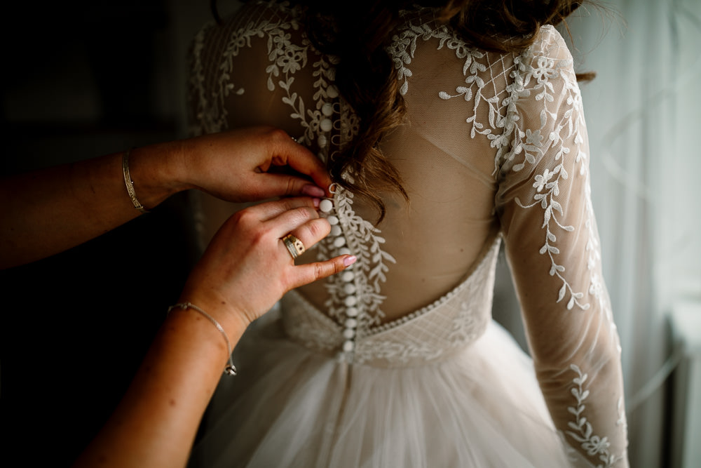 Dress Gown Bride Bridal Lace Buttons Sheer Tulle Skirt Princess Wharfedale Grange Wedding Hayley Baxter Photography