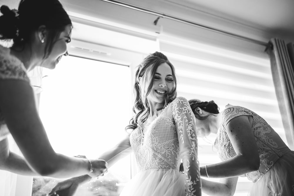 Dress Gown Bride Bridal Lace Buttons Sheer Tulle Skirt Princess Wharfedale Grange Wedding Hayley Baxter Photography