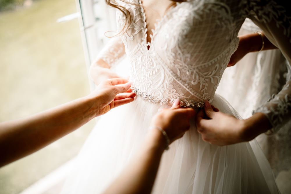 Dress Gown Bride Bridal Lace Buttons Sheer Tulle Skirt Princess Wharfedale Grange Wedding Hayley Baxter Photography