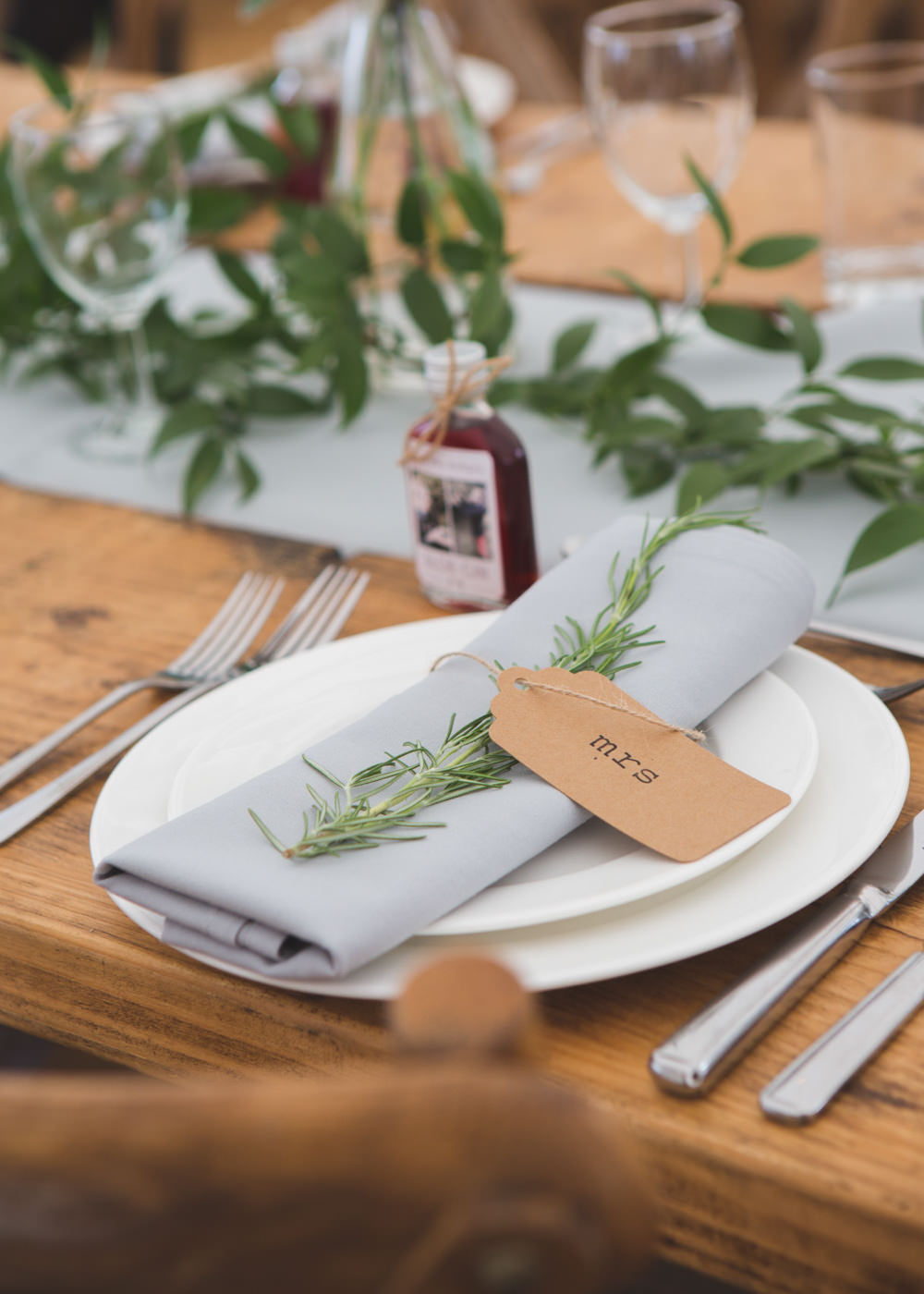 Place Setting Decor Napkin Rosemary Luggage Tag Place Name Airbnb Wedding Pickavance Weddings