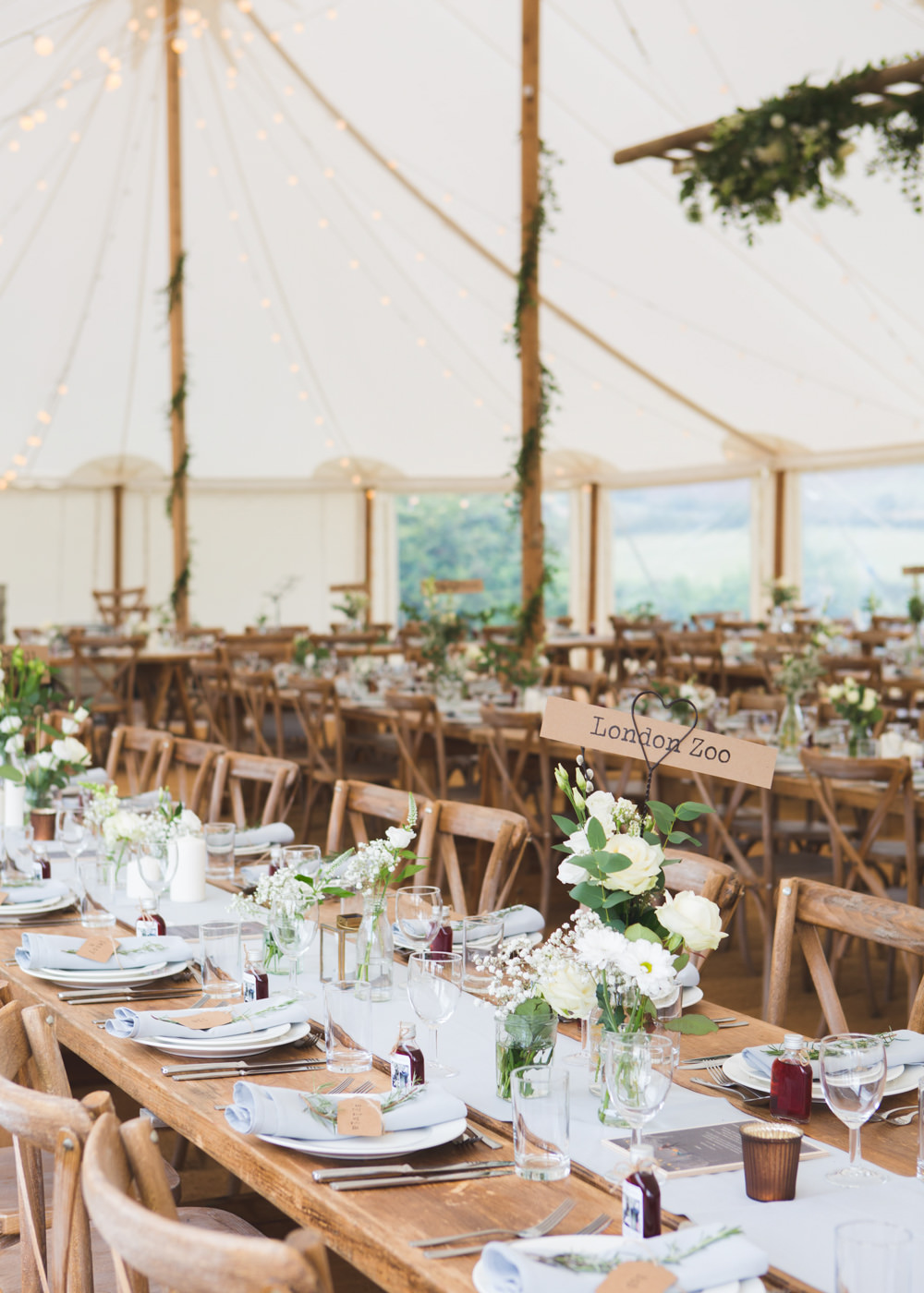 Pole Tent Marquee Wooden Table Chairs Rustic Festoon Lights Greenery Airbnb Wedding Pickavance Weddings
