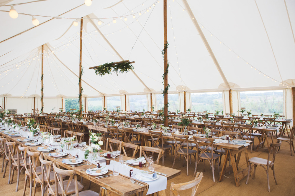 Pole Tent Marquee Wooden Table Chairs Rustic Festoon Lights Greenery Airbnb Wedding Pickavance Weddings