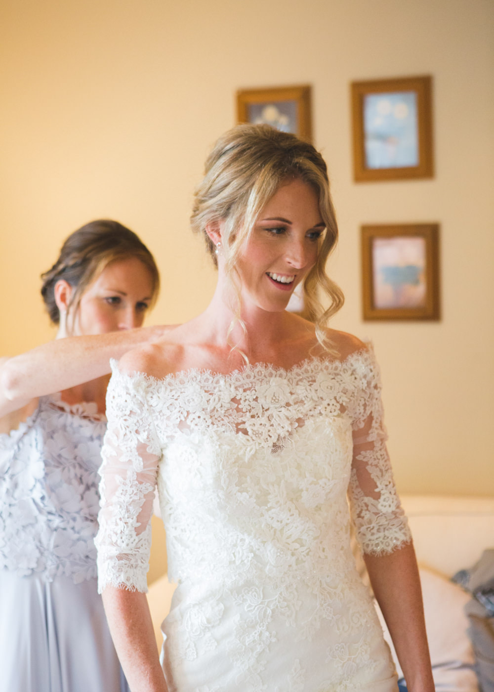 Bride Bridal Dress Gown Lace Sleeves Bardot Off Shoulder Pronovias Fit Flare Airbnb Wedding Pickavance Weddings