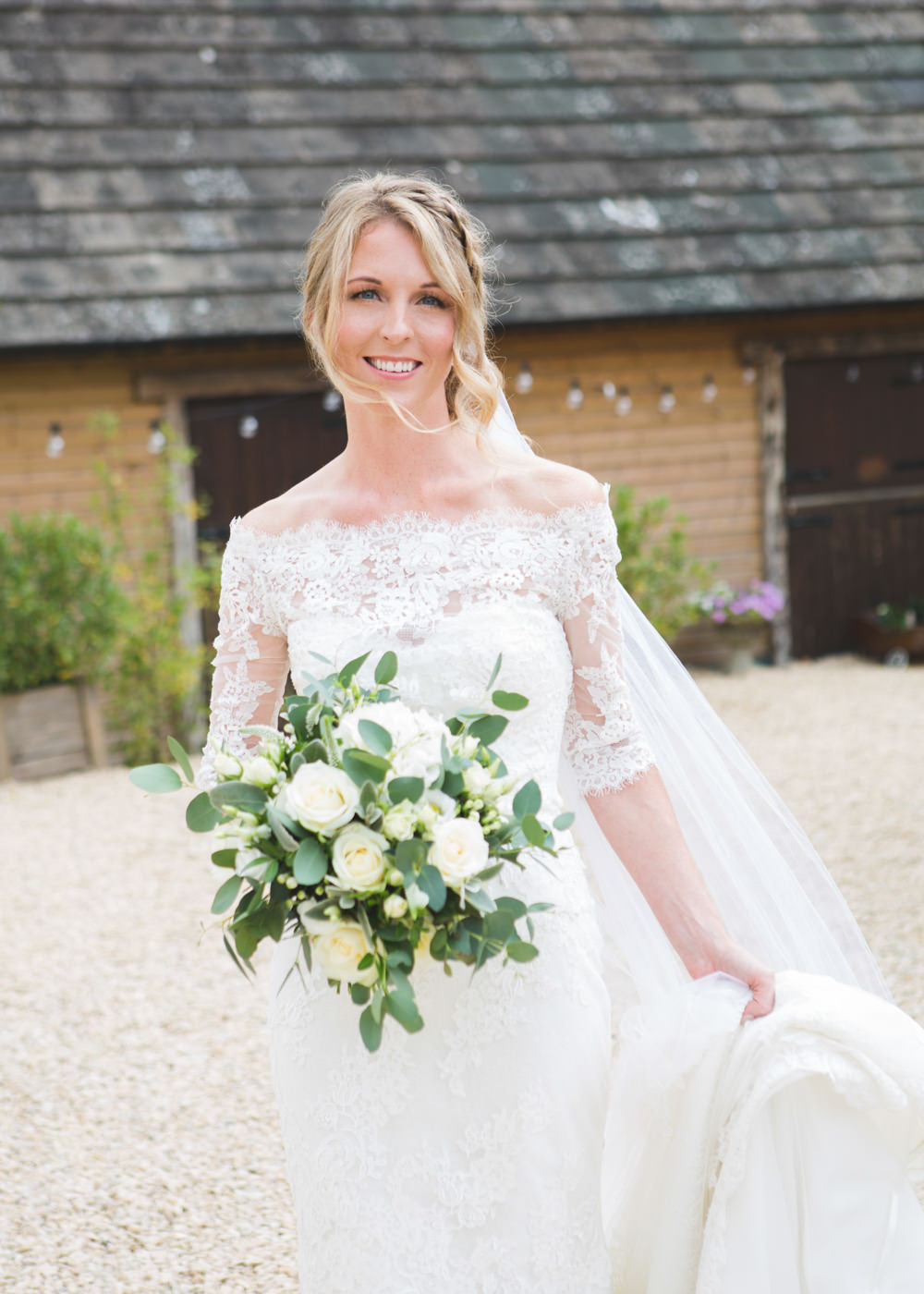 Bride Bridal Dress Gown Lace Sleeves Bardot Off Shoulder Pronovias Fit Flare Veil Airbnb Wedding Pickavance Weddings