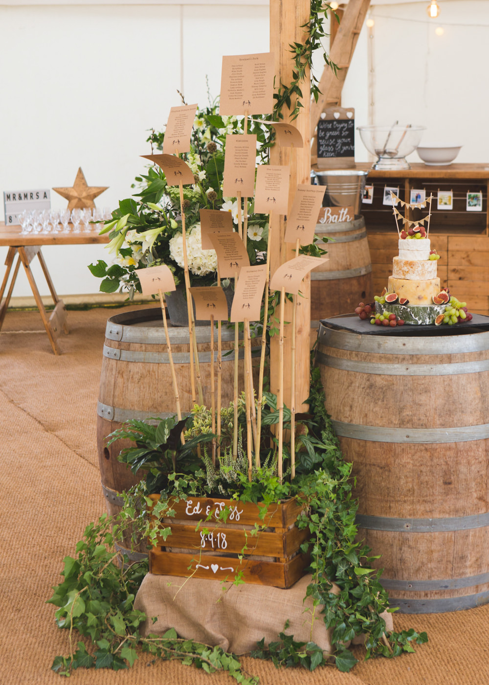 Seating Plan Table Chart Sticks Wooden Barrels Crate Greenery Foliage Airbnb Wedding Pickavance Weddings