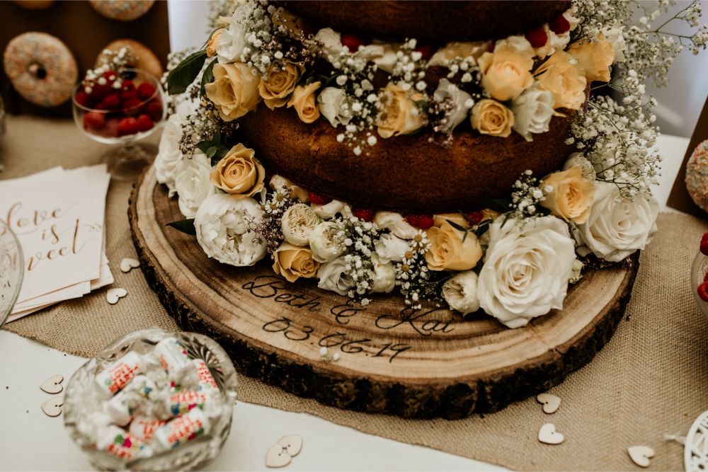 Naked Cake Flowers Log Slice Stand Arnos Vale Wedding Chloe Mary Photography