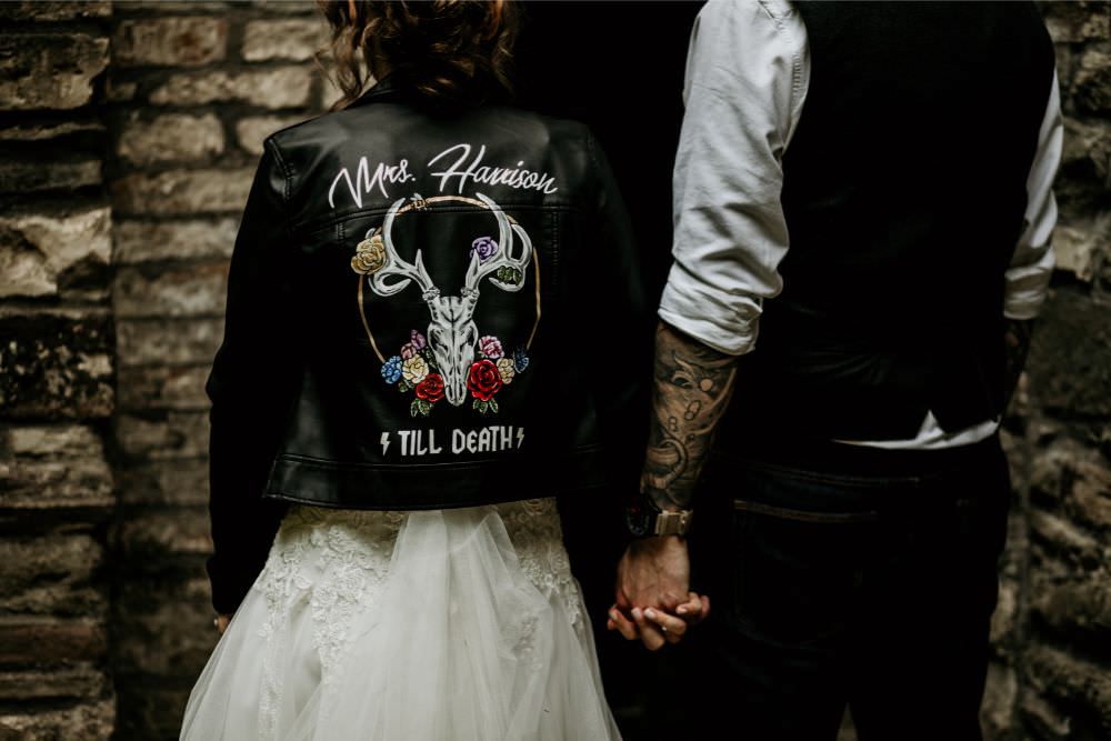Bride Bridal Leather Jacket Painted Personalised Arnos Vale Wedding Chloe Mary Photography