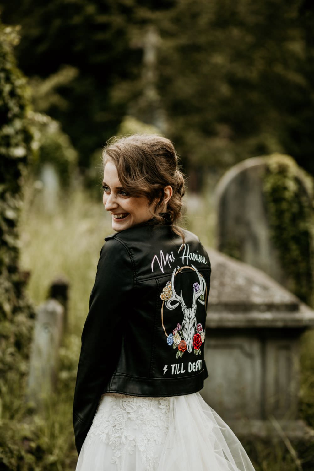 Bride Bridal Leather Jacket Painted Personalised Arnos Vale Wedding Chloe Mary Photography