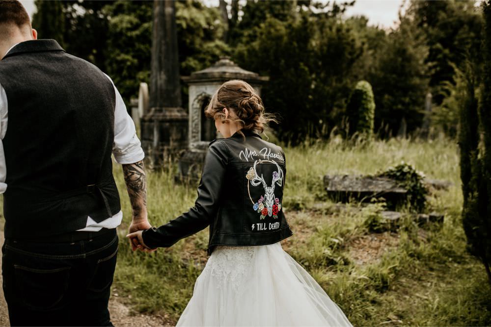 Bride Bridal Leather Jacket Painted Personalised Arnos Vale Wedding Chloe Mary Photography