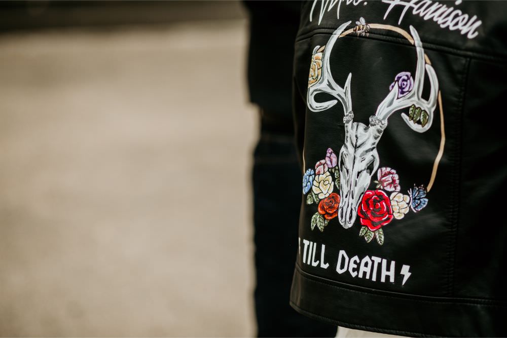 Bride Bridal Leather Jacket Painted Personalised Arnos Vale Wedding Chloe Mary Photography