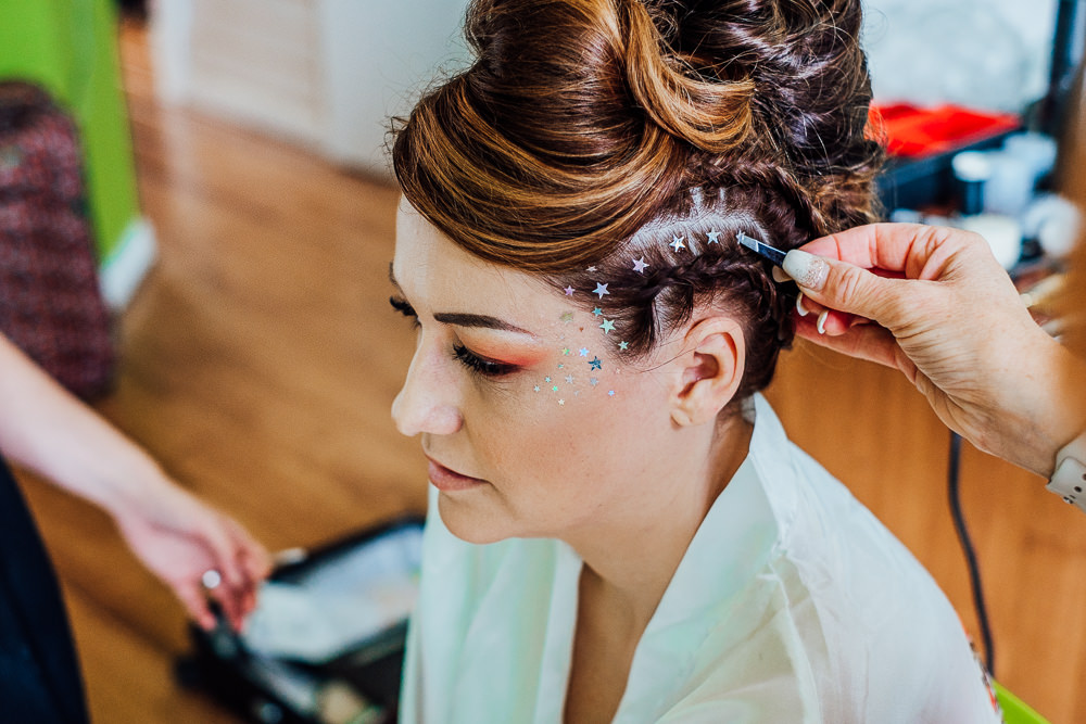 Bride Bridal Hair Style Up Do Mohawk Plait Braid Glitter Stars Big Top Wedding Anna Pumer Photography
