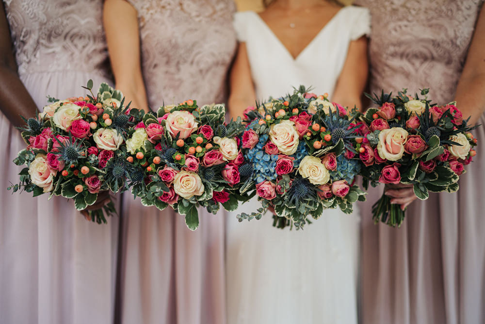 Bouquet Flowers Bride Bridal Pink Blue Rose Thisle Berry Hydrangea Bridesmaid Boho Country Wedding Kit Myers Photography