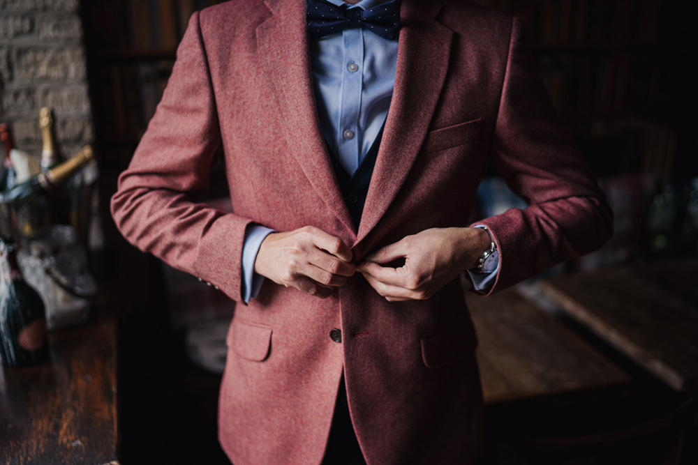 Groom Suit Pink Jacket Blue Shirt Bow Tie Waistcoat Boho Country Wedding Kit Myers Photography