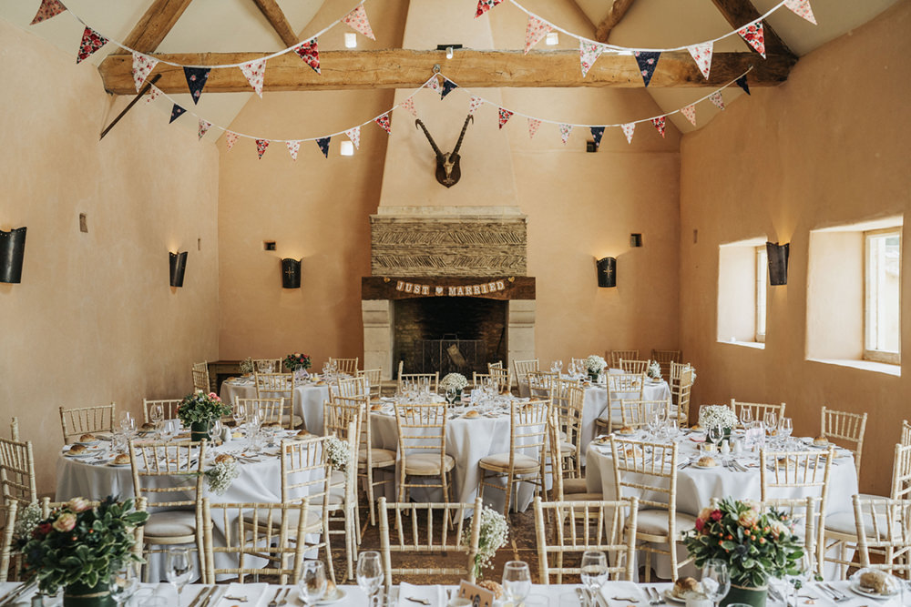 Oxleaze Barn Venue Reception Chairs Fireplace Bunting Round Tables Boho Country Wedding Kit Myers Photography