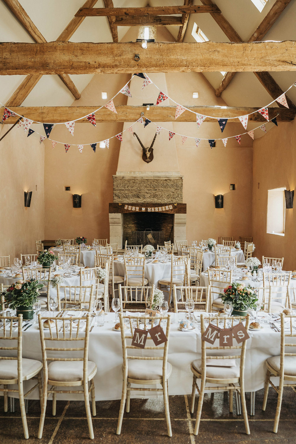 Oxleaze Barn Venue Reception Chairs Fireplace Bunting Round Tables Boho Country Wedding Kit Myers Photography