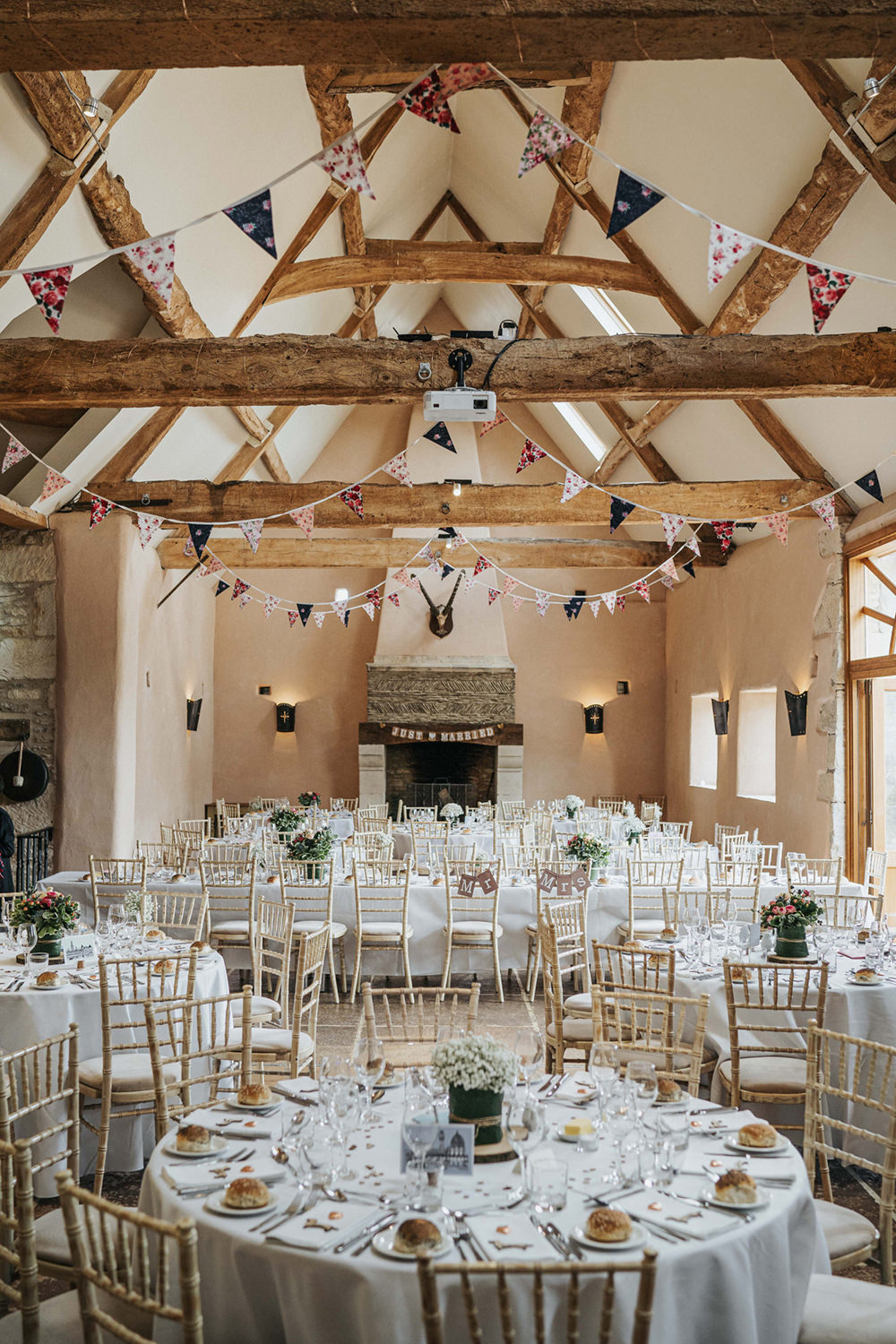Oxleaze Barn Venue Reception Chairs Fireplace Bunting Round Tables Boho Country Wedding Kit Myers Photography