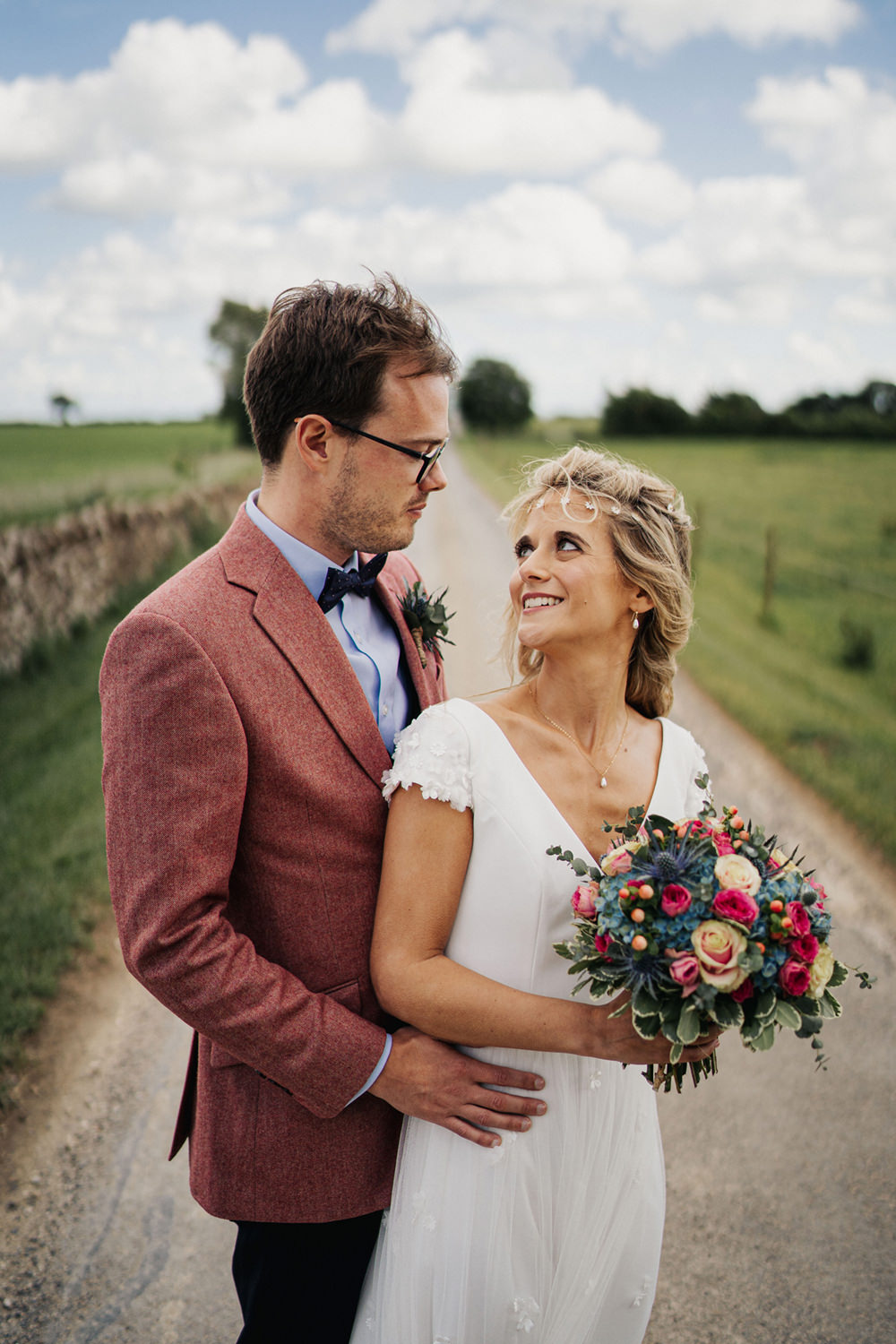 Groom Suit Pink Jacket Blue Shirt Bow Tie Waistcoat Boho Country Wedding Kit Myers Photography