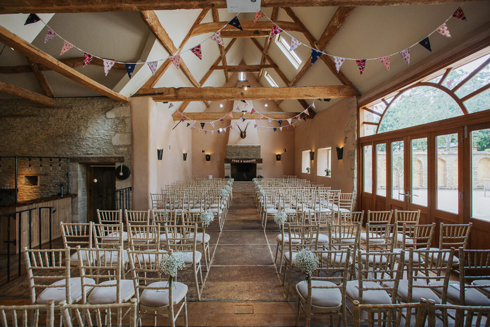 Oxleaze Barn Venue Ceremony Chairs Fireplace Bunting Pew End Aisle Flowers Gyp Gypsophila Boho Country Wedding Kit Myers Photography