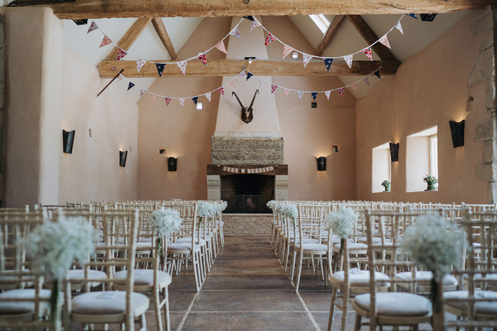 Oxleaze Barn Venue Ceremony Chairs Fireplace Bunting Pew End Aisle Flowers Gyp Gypsophila Boho Country Wedding Kit Myers Photography