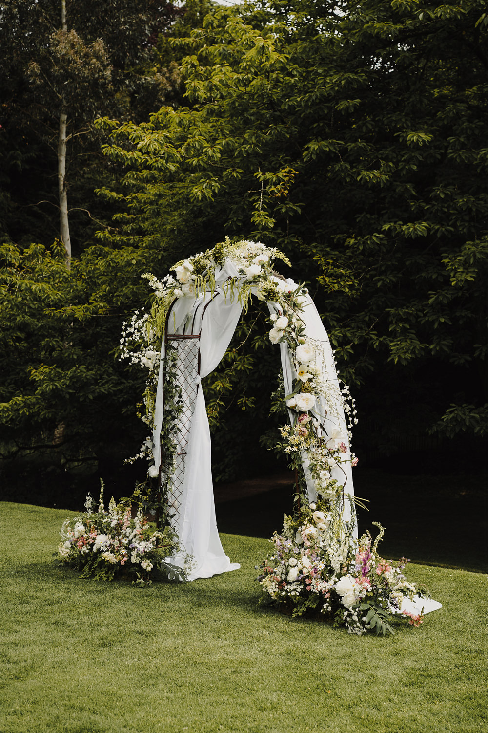 Flower Arch Greenery Foliage Fabric Ceremony Aisle Cambo Estate Wedding Anna Urban Wedding Photography