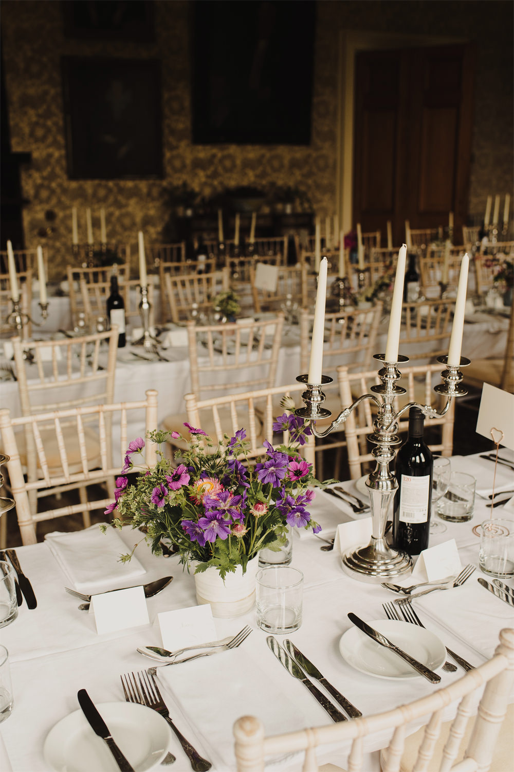 Long Tables Decor Candlesticks Flowers Cambo Estate Wedding Anna Urban Wedding Photography