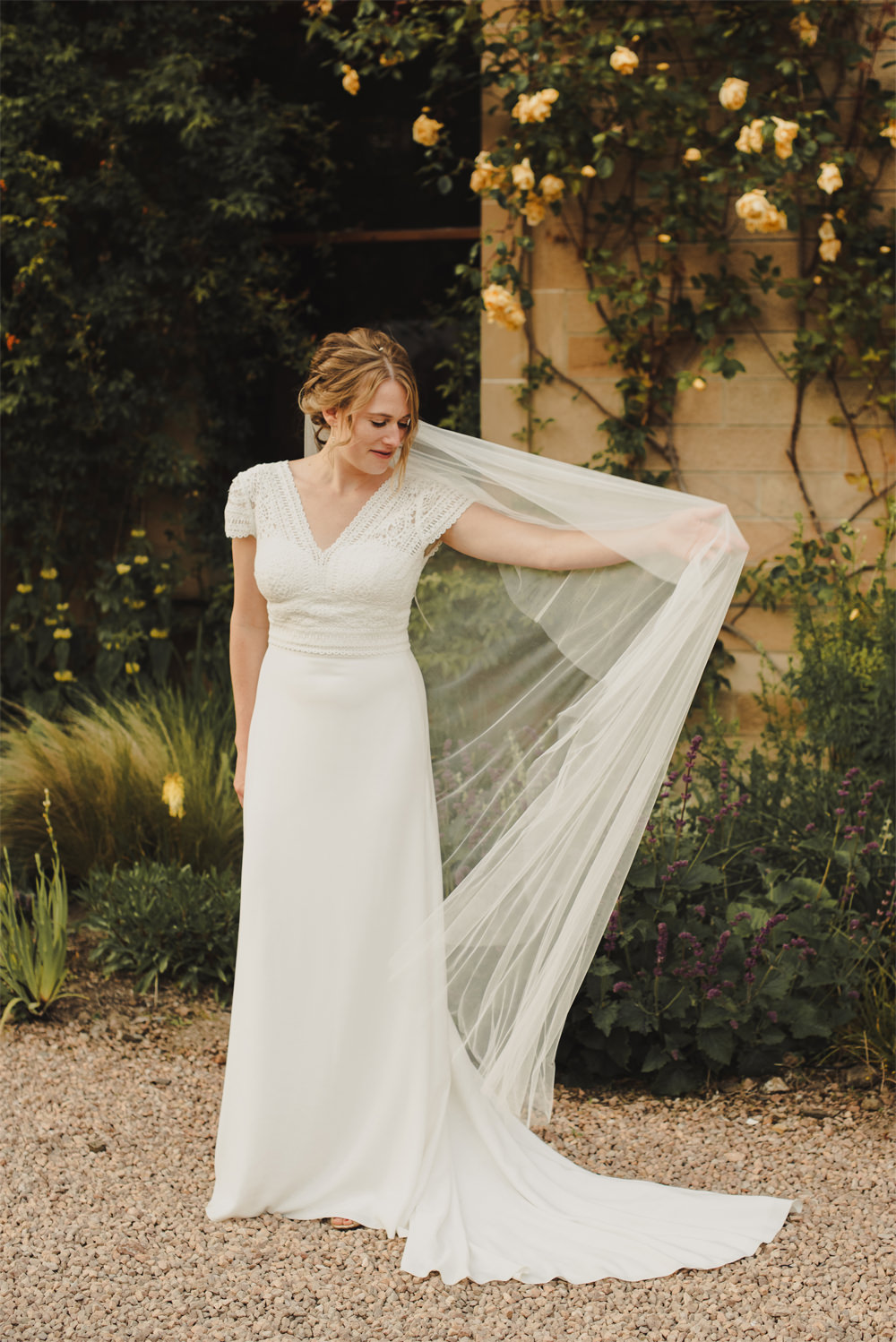 Dress Gown Bride Bridal Marylise Crochet Cap Sleeves Train Veil Cambo Estate Wedding Anna Urban Wedding Photography