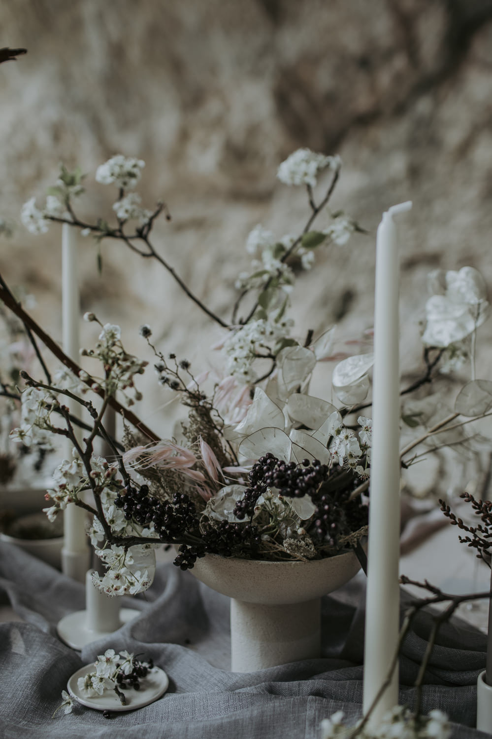 Tablescape Table Decor Candles Branches Natural Wild Neutrals Linen Flowers Urn Cave Wedding Ideas Vanessa Illi Photographer