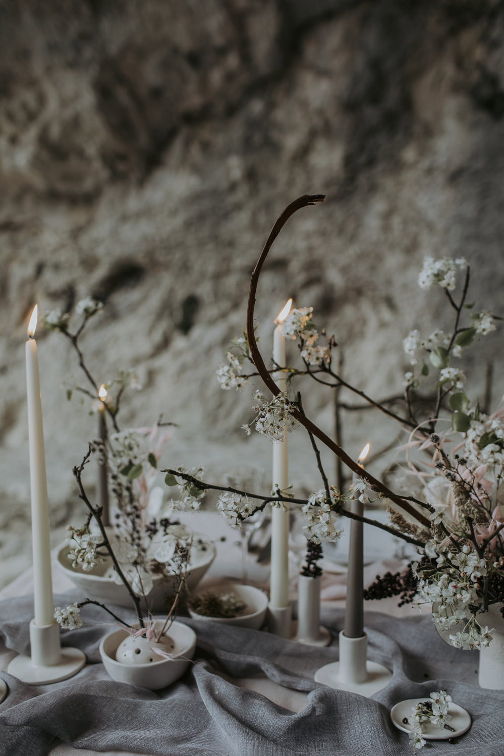 Tablescape Table Decor Candles Branches Natural Wild Neutrals Linen Cave Wedding Ideas Vanessa Illi Photographer