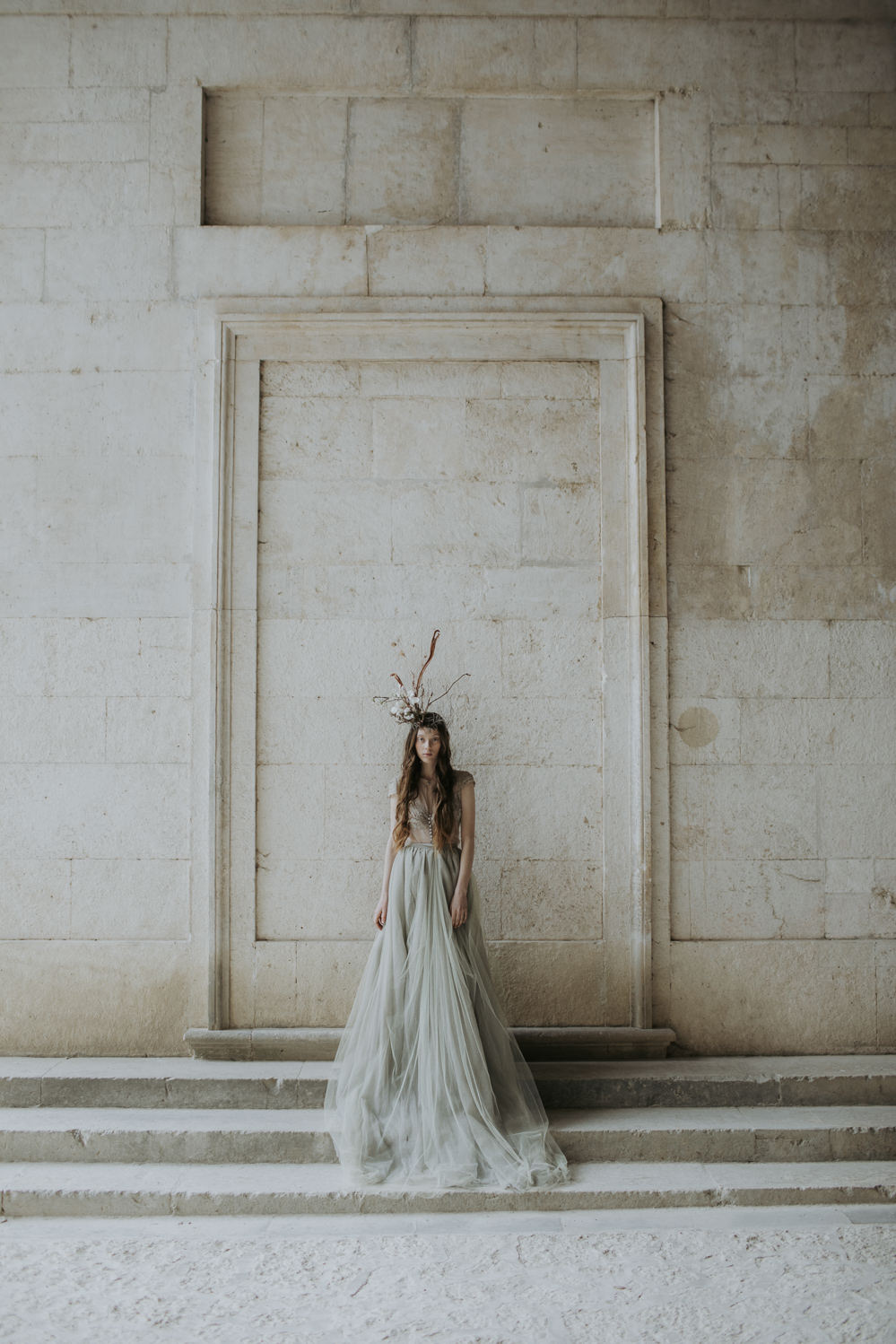 Dress Gown Bride Bridal Grey Lace Buttons Tulle Skirt Train Cave Wedding Ideas Vanessa Illi Photographer