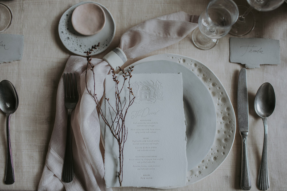 Place Setting Decor Menu Twig Plates Ceramic Tableware Napkin Natural Wild Neutrals Cave Wedding Ideas Vanessa Illi Photographer