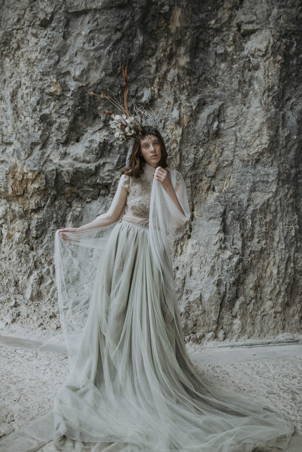 Dress Gown Bride Bridal Grey Lace Buttons Tulle Skirt Train Cave Wedding Ideas Vanessa Illi Photographer