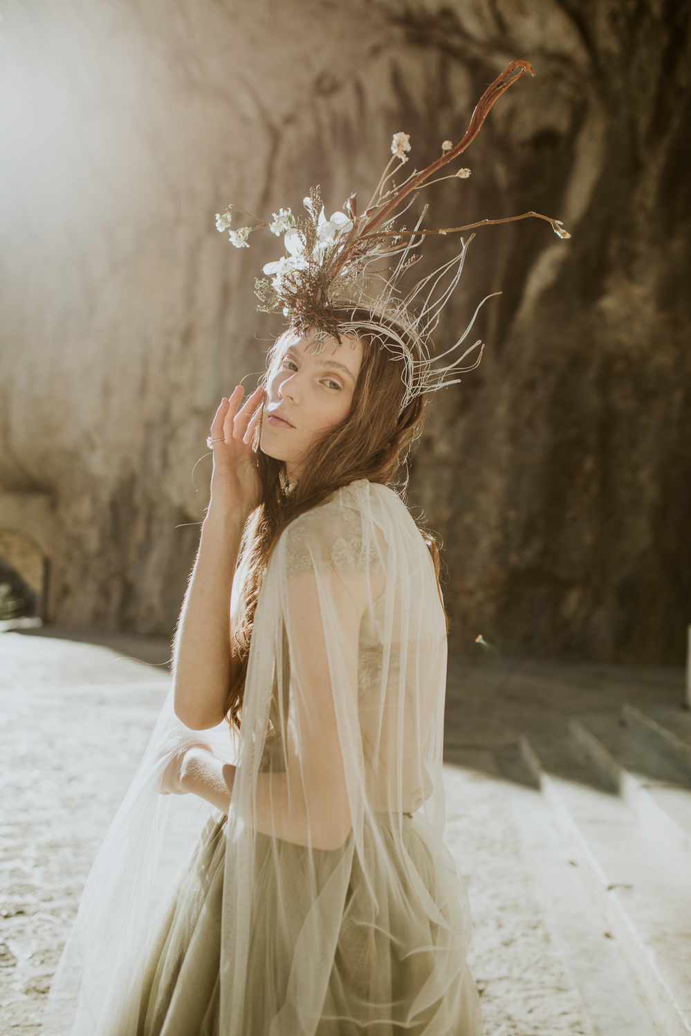 Dress Gown Bride Bridal Grey Lace Buttons Tulle Skirt Train Veil Cave Wedding Ideas Vanessa Illi Photographer