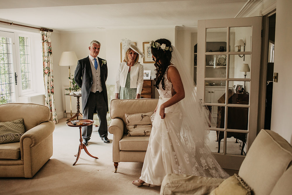 Bride Bridal Dress Gown Lace Train Veil Flower Crown Celeste Marquee Wedding Sarah Longworth Photography