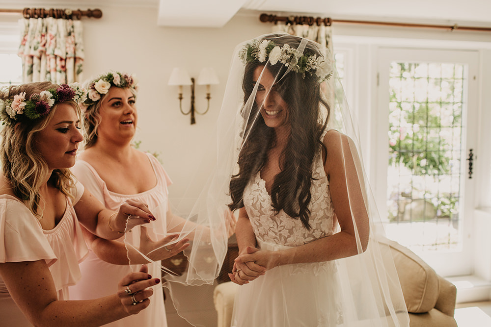 Bride Bridal Dress Gown Lace Train Veil Flower Crown Celeste Marquee Wedding Sarah Longworth Photography